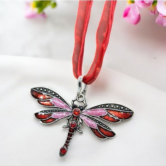 Red Dragonfly Rhinestone Enamel Pendant Ribbon Cord Necklace Fairy Kawaii Whimsy - Picture 4 of 8